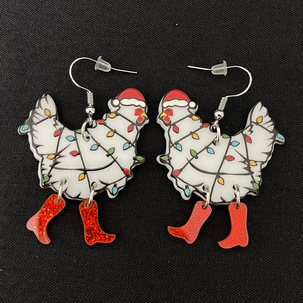 Tangled Christmas Lights Boot Wearing Hen Dangle Earrings - Red Boots